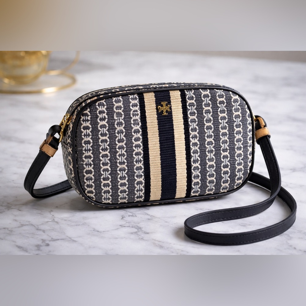 Tory Burch Black & White Chain-Print Crossbody with Center Stripe